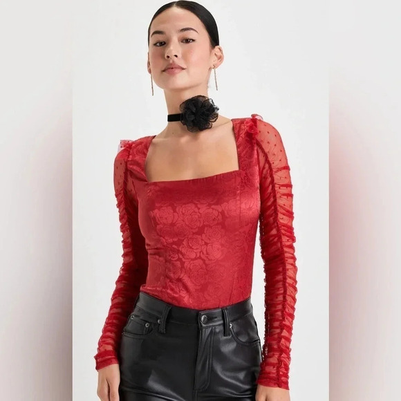 Lulus Red Floral Jacquard Satin Mesh Ruched Bodysuit - Picture 5 of 9